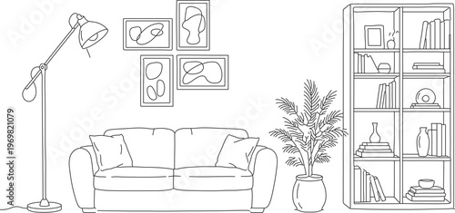 Minimalist living room interior line art, modern home furniture outline vector, cozy lounge with sofa and bookshelf illustration for coloring
