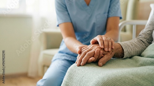 Healthcare worker holding hands with senior patient in nursing home, geriatric support, elderly care and empathy, professional nursing assistance for retired people in hospital