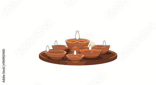 Clay oil lamps arranged on a plate, lit with flames, representing Diwali and Indian culture
