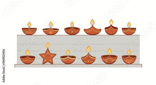Traditional Indian Diwali oil lamps (diyas) glowing on a shelf, celebrating the Hindu festival of lights with festive decorations and cultural symbolism.