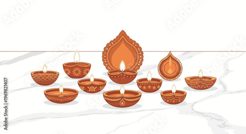 Traditional Indian Clay Diyas Lit for Diwali Celebration, Festive Oil Lamps Arranged on Marble Surface, Hindu Festival of Lights Decoration Vector Illustration