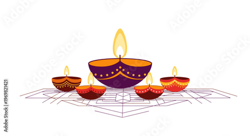 Vibrant illustration of traditional Indian Diwali oil lamps (diyas) with bright flames, arranged decoratively to symbolize light, hope, and festivity.