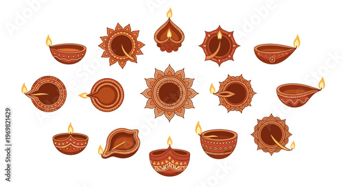 Vector collection of traditional Indian clay oil lamps (Diyas) with lit flames, showcasing various decorative designs for Diwali and other cultural events.