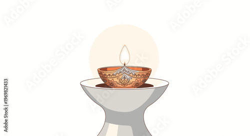 Beautifully lit traditional Indian Diya lamp on a white stand, symbolizing light, hope, and prosperity for Diwali celebrations and cultural events.