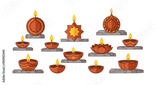 Vector illustration of traditional Indian oil lamps (diyas) in diverse shapes, lit and arranged. Perfect for Diwali, Hindu festivals, and cultural celebration designs.