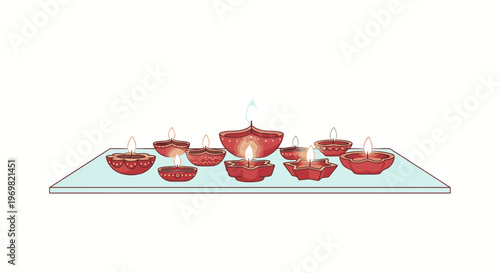 Traditional Indian Diwali oil lamps (diyas) glowing brightly on a glass surface, symbolizing light, prosperity, and festive celebration of the Hindu festival.