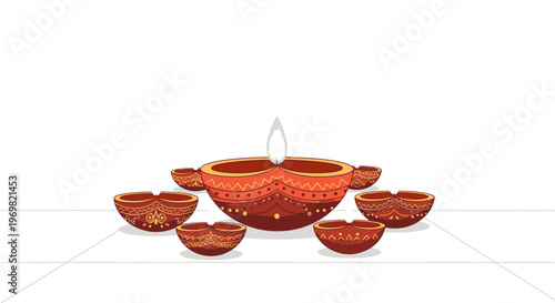 Traditional Indian diyas, clay oil lamps with lit flames, arranged in a circle on a white background