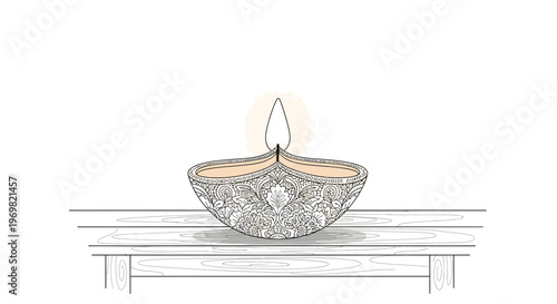 Ornate Diya Lamp with Flame Burning on a Wooden Surface, Traditional Indian Festival Decoration, Diwali Celebration