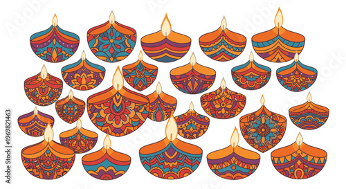 Colorful Diwali diyas with intricate patterns, traditional Indian oil lamps illuminated for the festival of lights.
