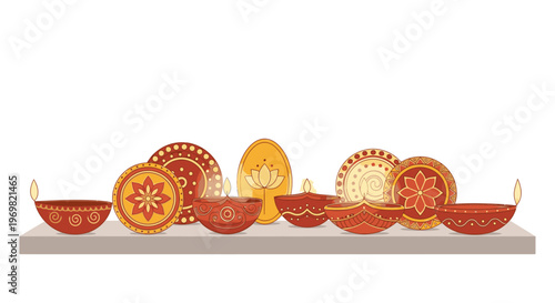 Collection of traditional Indian diyas and decorative plates arranged on a shelf, celebrating Diwali festival