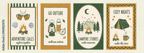 vintage camping lantern icon, mountain forest campsite art, outdoor adventure travel vector, nature camping stories concept, rustic wilderness camping gear, minimalist forest landscape design, go outs