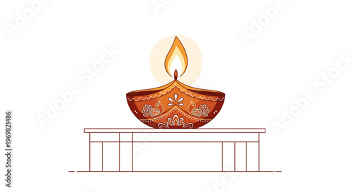 Traditional Indian Diya lamp lit with a glowing flame on a simple table, symbolizing Diwali festival and light
