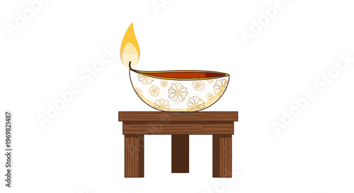 Traditional Indian Diya oil lamp, beautifully lit with a warm golden flame and intricate patterns, on a wooden stand. Symbol of Diwali, spirituality, celebration.