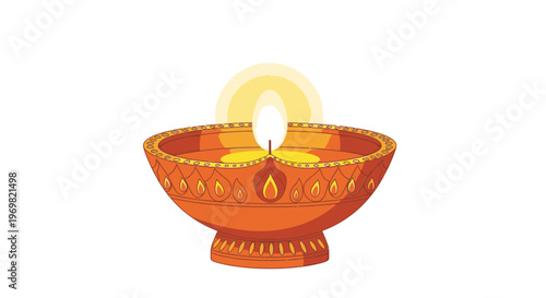 Diwali diya oil lamp with flame and decorative patterns, isolated on white background, symbolizing light and celebration