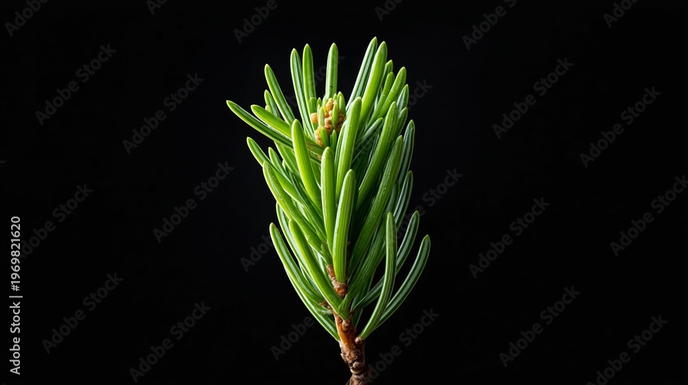 Naklejka premium Close-up of fresh green pine needles against a black background, showcasing the vibrant texture and detail of the foliage in a natural setting