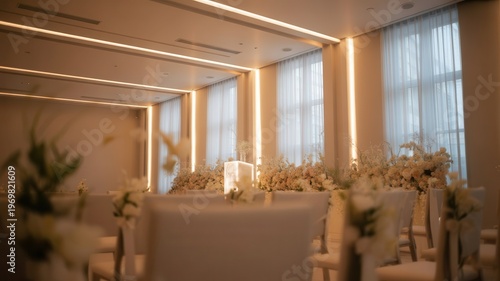 Elegant Modern Wedding Ceremony Venue with Soft Lighting and Floral Aisle