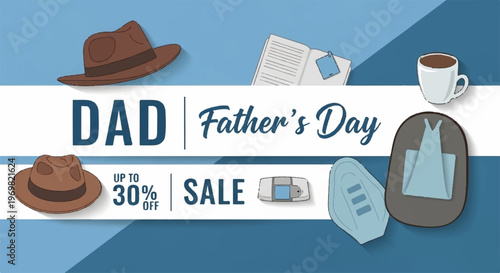 Father Day sale banner with hat coffee and accessories