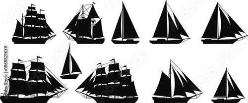 Collection of Sailing Ships Silhouettes, Classic and Modern Boats Vector Set, Black Isolated Nautical Illustration for Marine, Travel, and Design Projects