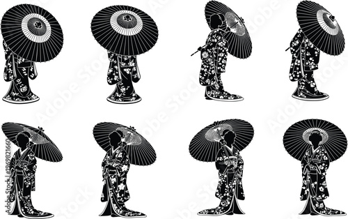 Elegant Japanese Geisha Silhouettes Collection with Traditional Umbrella, Black and White Vector Illustration Set for Cultural, Artistic and Design Use