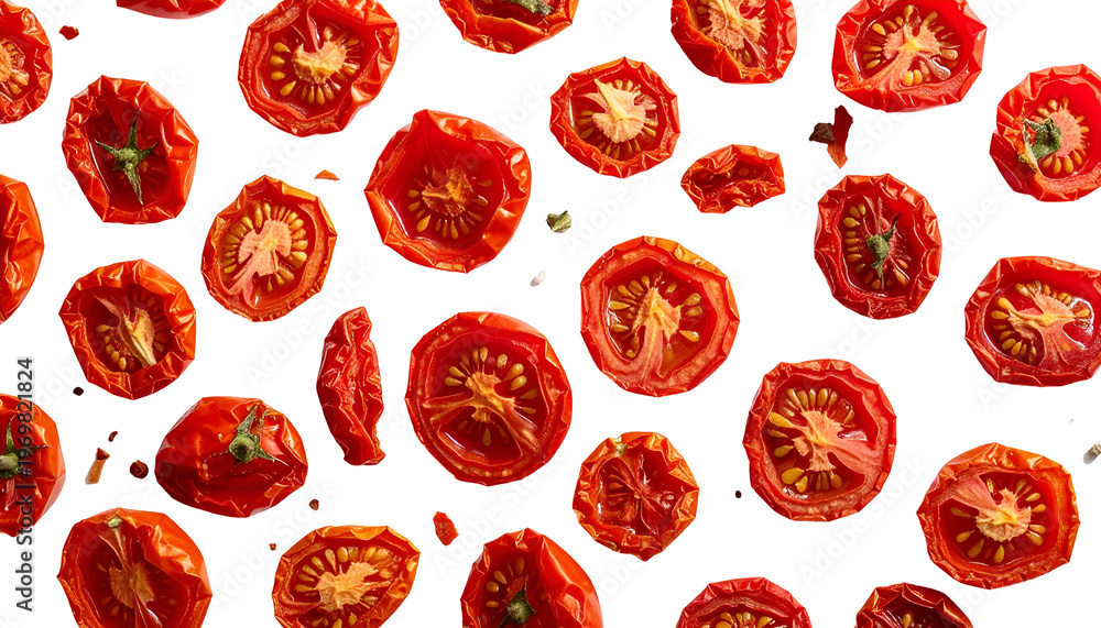 Fototapeta premium Overhead shot of numerous dried tomato slices scattered on a stark black background