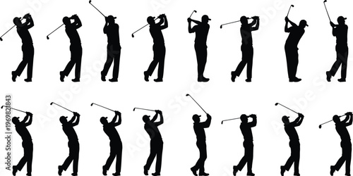 Golf Player Silhouettes Collection Showing Swing Motion Sequence, Black Vector Set of Golfer Actions for Sports, Training, Competition, and Design Projects