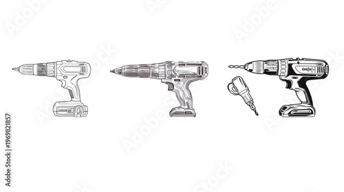 Minimalist black-and-white line drawing of a cordless power drill tool simple vector illustration clean modern design electric equipment concept