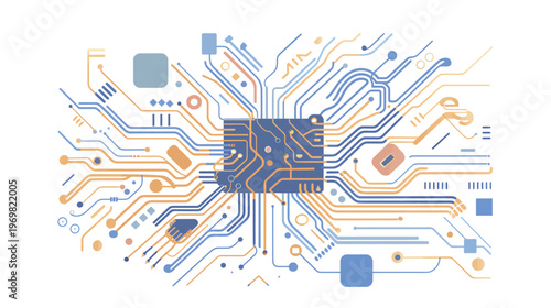 Microchip engineering schematic with digital nodes detailed circuit board layout technology design vector illustration electronics concept modern computing system