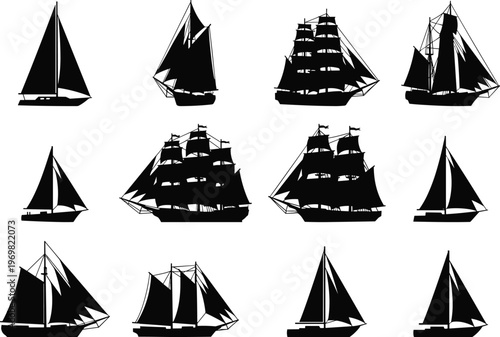 Sailing Ship Silhouettes Collection with Classic and Modern Boats, Black Vector Set Isolated for Nautical, Marine, Travel, and Vintage Design Projects