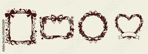Bow decorative frames, circular floral borders, elegant ribbon wreath, classic frame set, feminine border design, simple wreath illustration, decorative knot border.

