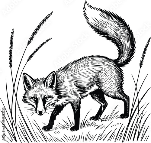 Engraving Red fox vector illustration standing in tall grass with bushy tail in black and white sketch style alert wild animal in natural environment isolated on transparent background.