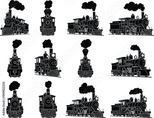 Steam Train Silhouettes Collection with Vintage Locomotive Designs, Black Vector Set of Classic Railway Engines for Transport, Industrial, Travel, and Retro Projects