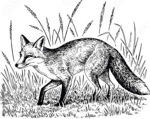 Engraving A detailed illustration of a red fox walking through tall grass and weeds in a natural outdoor environment, black and white sketch style, evoking a sense of wilderness and stealth.