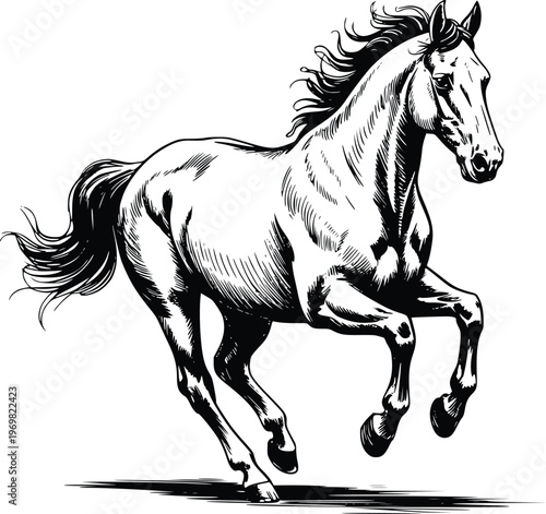 Engraving Dynamic running horse engraving style vector illustration hand drawn stallion in motion for equestrian sports logo or farm animal design isolated on clean transparent background art.