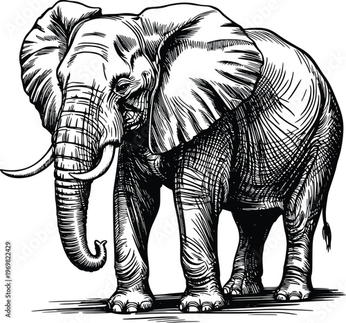 Engraving Elephant drawing in vintage engraving style with detailed trunk and tusks standing on ground as vector illustration of majestic african safari wildlife for nature design concepts.