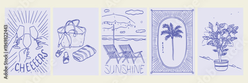 Beach relaxation scene, summer holiday sketch, ocean shore vacation, coastal lounge chair, sunny tropical getaway, seaside leisure illustration, beach umbrella line art.

