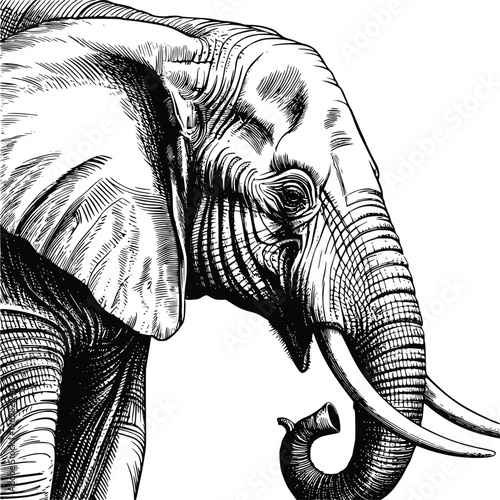 Engraving Elephant head side profile in woodcut style showing detailed eye and wrinkled skin textures as vector engraving for wildlife conservation themes and traditional artistic projects.