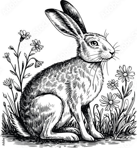 Engraving Elegant illustration of a single hare seated serenely in a field of delicate wildflowers and tall grasses, captured in a detailed black and white sketch style.