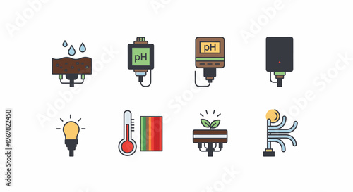 Agriculture Technology Icons Set with Water Soil and Plants