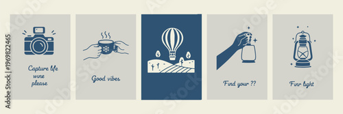 Hot air balloon landscape, blue sky adventure, valley travel illustration, outdoor journey flight, serene nature scenery, aerial view vector, mountain travel poster.

