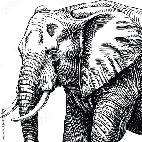 Engraving Elephant head and upper body vector illustration detailed black and white sketch style African elephant with tusks and wrinkled skin texture isolated on transparent background.