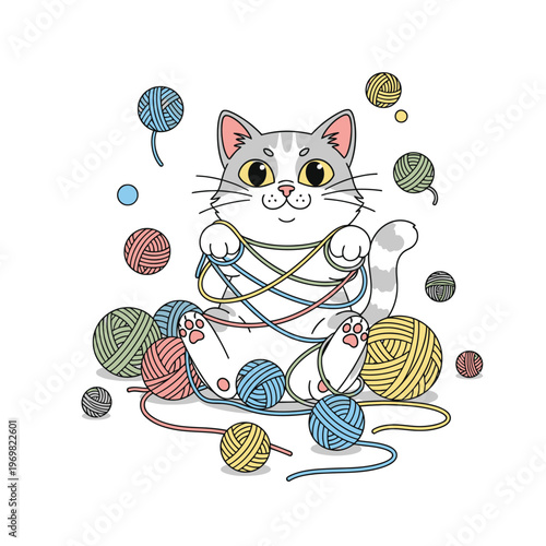Cute cat tangled in colorful yarn balls.