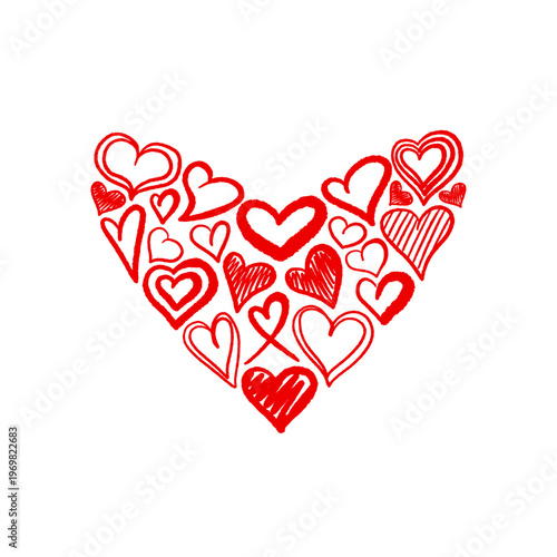 Red heart big shape with hand drawn elements.  Vector hand drawn crayon emblem. Doodle love symbol. Ideal for Valentine's Day project, cute greeting card, or romantic illustration. 