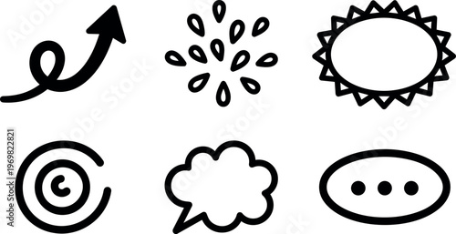 Black and white vector icons including spiral arrow burst sunburst copyright cloud and ellipsis