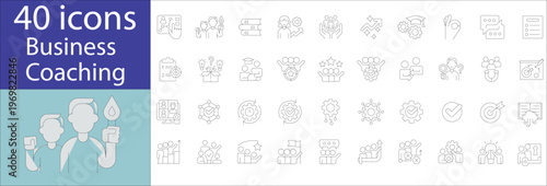 Business coaching icon set featuring mentorship, leadership, strategy, goal setting, and professional development symbols. Clean vector icons ideal for coaching, consulting, and training services.