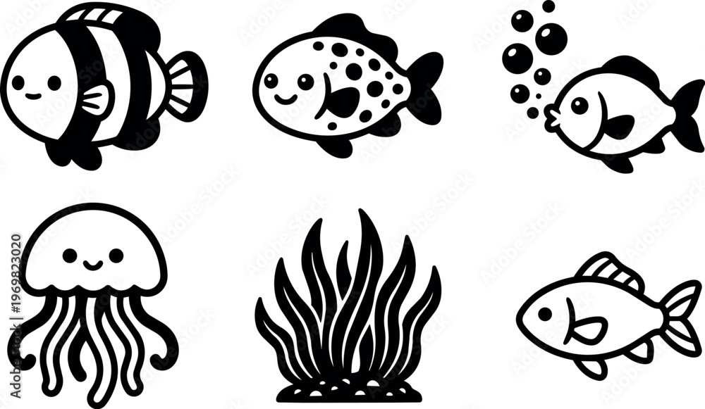 Fototapeta premium Cute black and white cartoon fish jellyfish and seaweed vector art