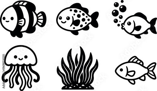Cute black and white cartoon fish jellyfish and seaweed vector art