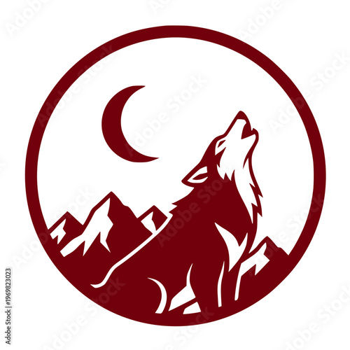 Howling Wolf Silhouette with Moon and Mountains Vector Logo