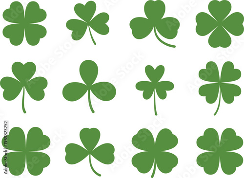 Four leaf clover icons set, green shamrock symbols for luck and nature design