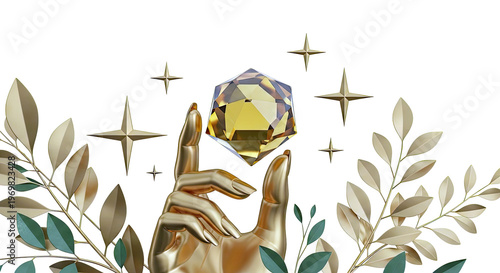 Golden Hand Holding a Faceted Gemstone with Stars and Leaves