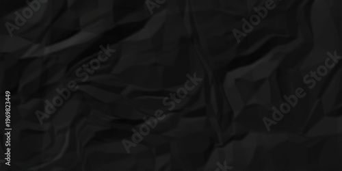 Crumple crushed black paper obsolete rumple craft design. wrinkle ripped cardboard crumple aged closeup recycled document grunge paper background.